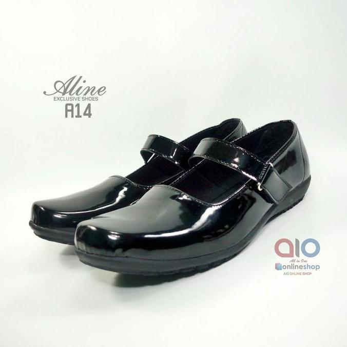 Terlaris Aline Sepatu Pantofel Paskibra Hitam Kilap Glossy Flat Paskibraka Paskib Wanita A14 Kerja