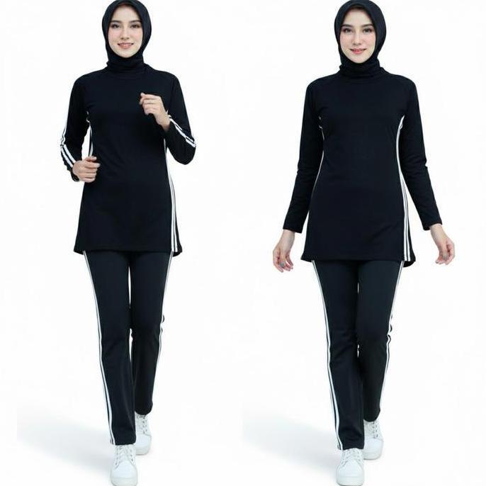 Setelan Baju Senam Panjang / Setelan Baju Olahraga Wanita muslim sport Celana Panjang Tunik Hitam Hi