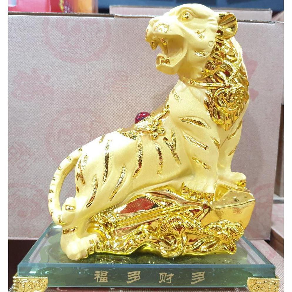 Patung Imlek Macan Harimau Rejeki Shio Emas Gold 17 Cm Kaca Resin Doff