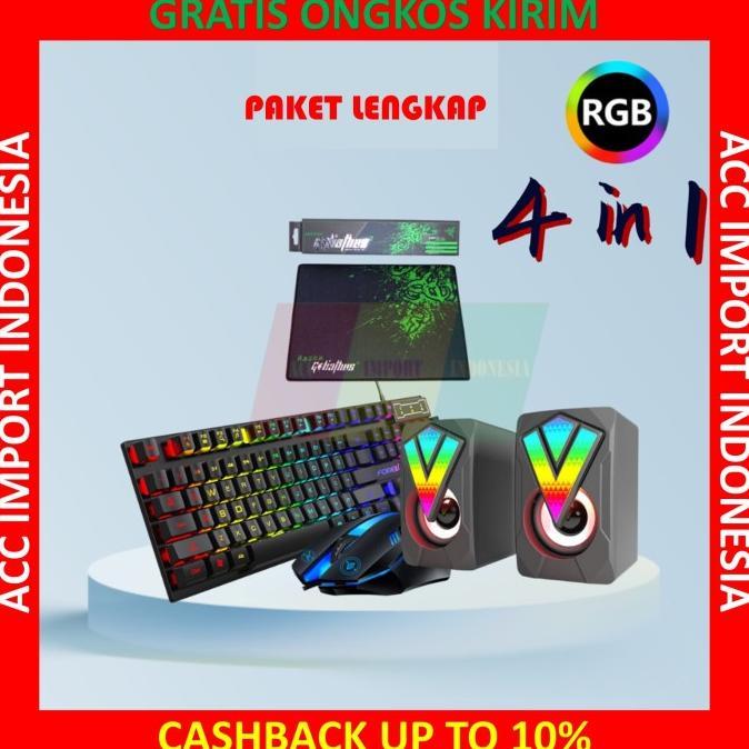 Paket Keyboard Mouse Speaker Mousepad Gaming PC Laptop LED RGB Wired - Putih