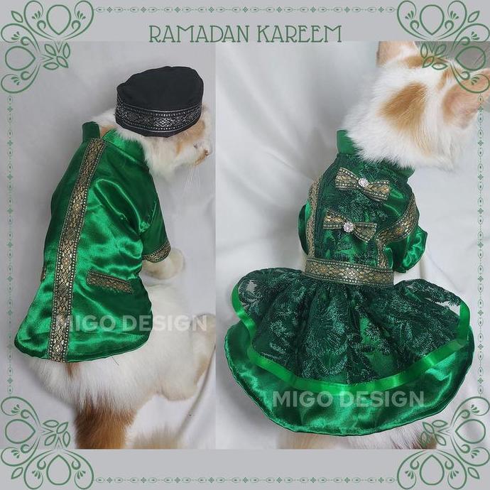 [Migo Design L 58] Couple Baju Ramadan Lebaran Dress Gamis Kemeja Koko Hijau Botol Kucing/ Anjing 3 