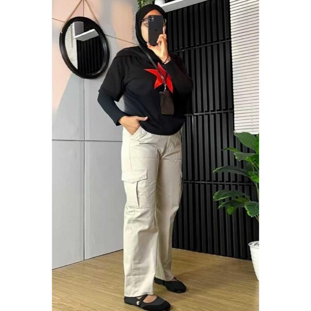 premium kulot cargo premium jumbo celana kargo wanita import hitam olahraga kerja nara cargo pant