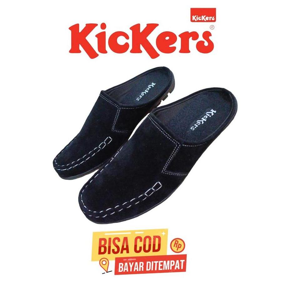 DV64 - Sepatu Sandal Selop Kulit Suede Pria Dewasa Hitam dan Coklat Kerja Kantor santai Liburan Anti