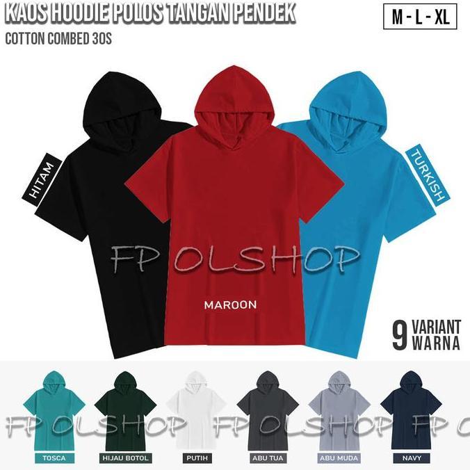 DR202 - KAOS HOODIE POLOS TANGAN PENDEK PRIA WANITA BAHAN COTTON COMBED 30S Distro Hitam