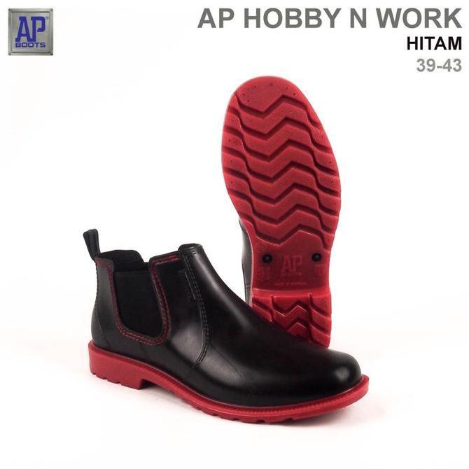 DF175 - Sepatu Boot Pendek AP Boots Hitam Merah Casual Bikers/Work/Hangout | Sepatu Boots Pria Cocok