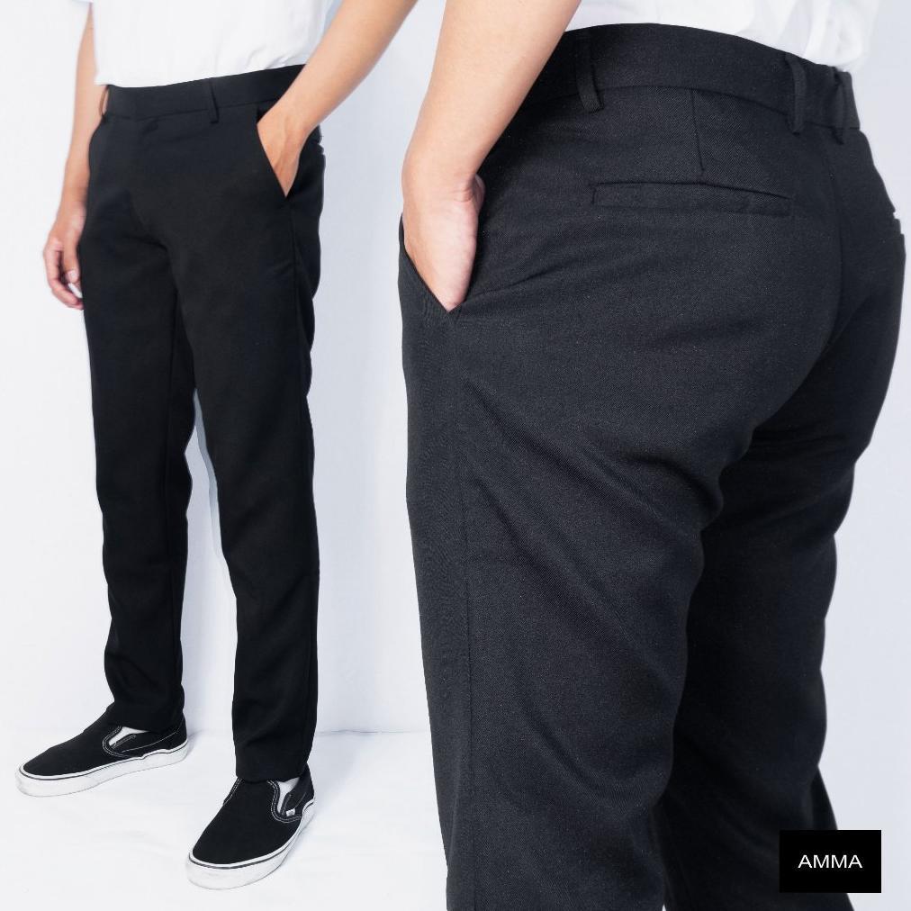original celana bahan kain panjang formal pria slim fit hitam