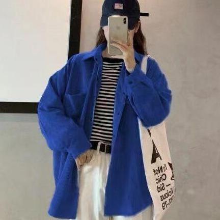 Lansungkirim- Kemeja Korduroi Wanita 8 Warna Pelajar Longgar Kasual Mantel Trendi Korea Panjang Biru