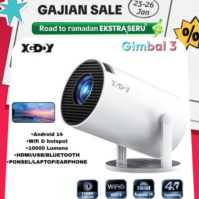 Xgody Gimbal 3 Smart Proyektor Lcd Android 14 720P Auto Keystone Netflix 220 Ansi