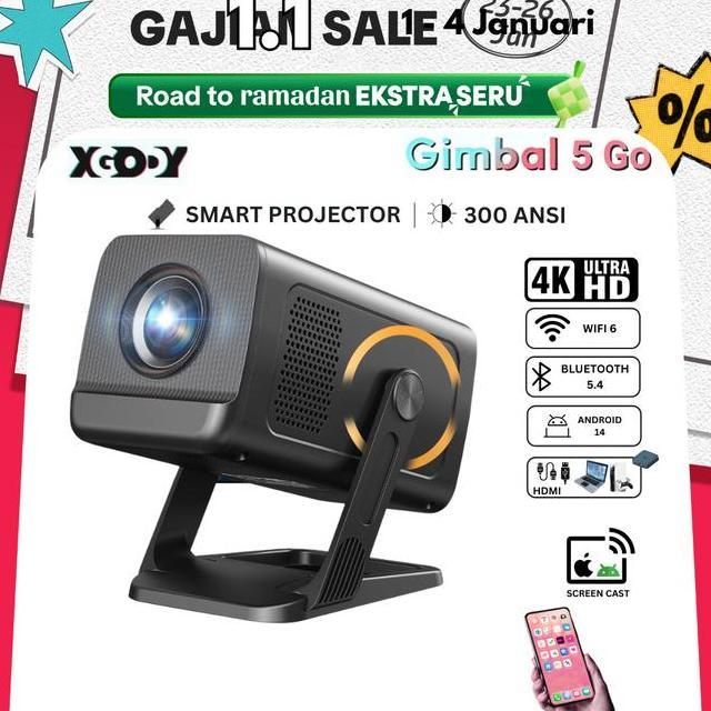 Xgody Gimbal 5 Go Smart Proyektor Lcd Android 14 720P Builtin Speaker Netflix 300Ansi