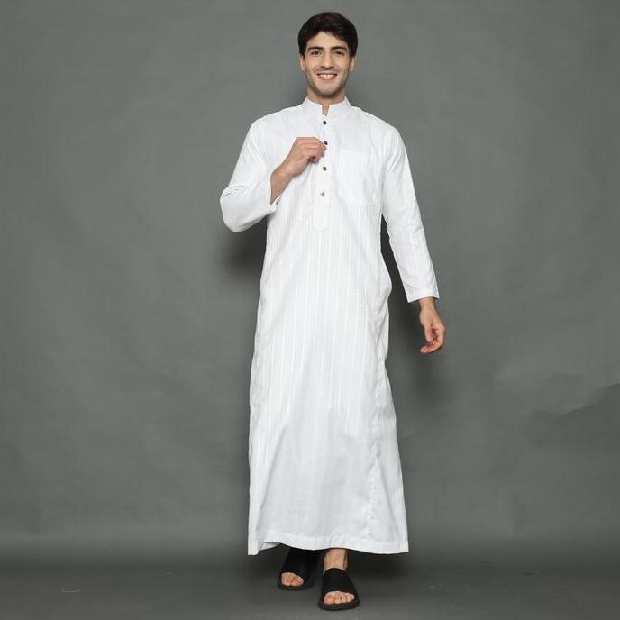REV Gamis Jubah Pria Dewasa Putih Motif Salur Bulat Fashion Muslim Pria Katun Premium