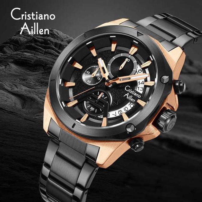 Cristiano Aillen Jam Tangan Pria Analog 8896 Rantai Stainless Steel Chronograph Kaca Sapphire Water 