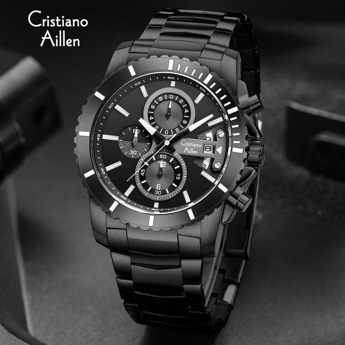 Cristiano Aillen Jam Tangan Pria Analog CA 8898 ST Stainless Steel Chronograph Kaca Sapphire Water R