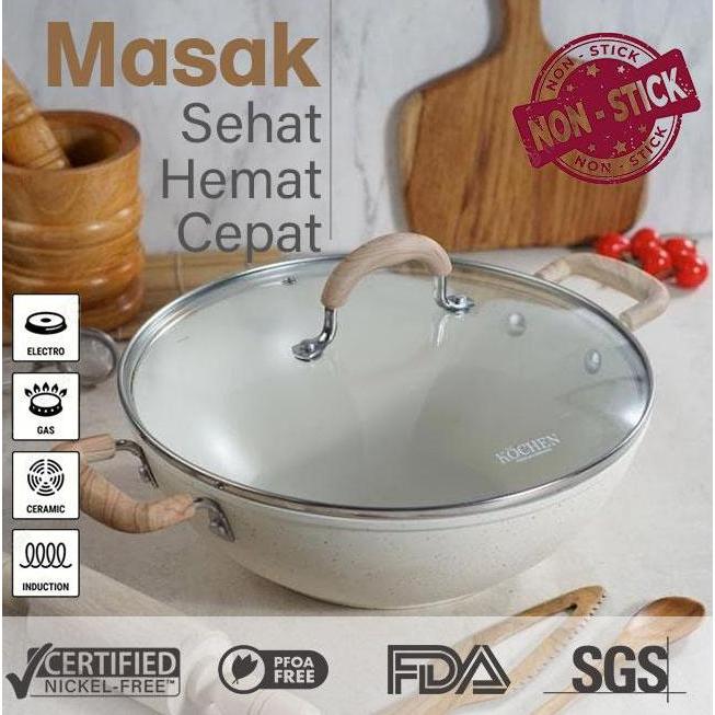 Kochen Panci Wajan Penggorengan Wokpan 28cm Granit Free Tutup Anti Lengket Non-Stick cream kitchenwa