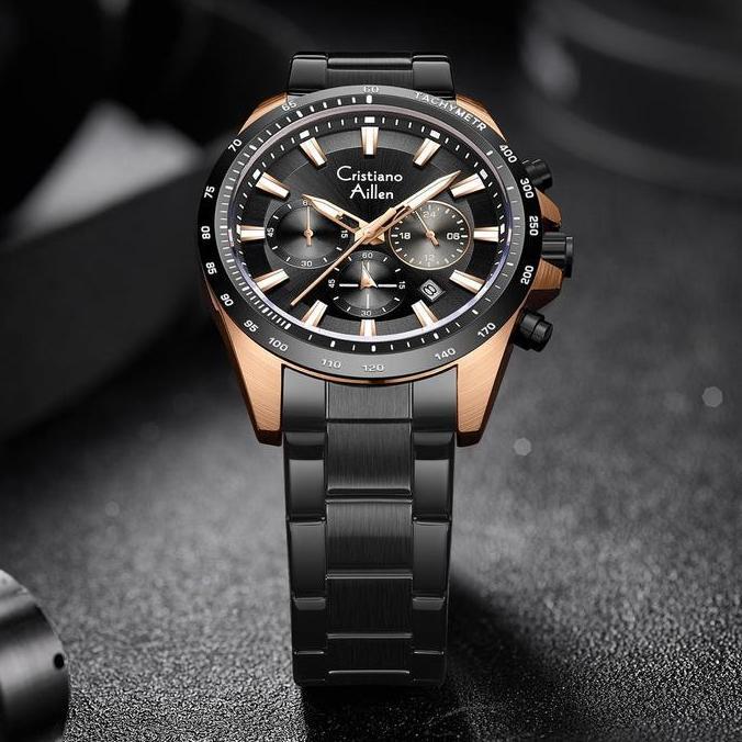 Cristiano Aillen JamTangan Pria Analog 8891 Rantai Stainless Steel Chronograph Kaca Sapphire Water R