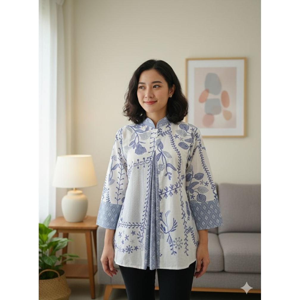 Terlaris Blouse Batik Kerah Sanghay//Batik Motif Bordir//Seragam Batik Kantor//Atasan Wanita//Batik 
