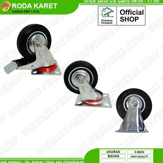 Roda Kastor Castor Troli 5 Inch Hidup Rem Roda Karet Plat Besi Tebal