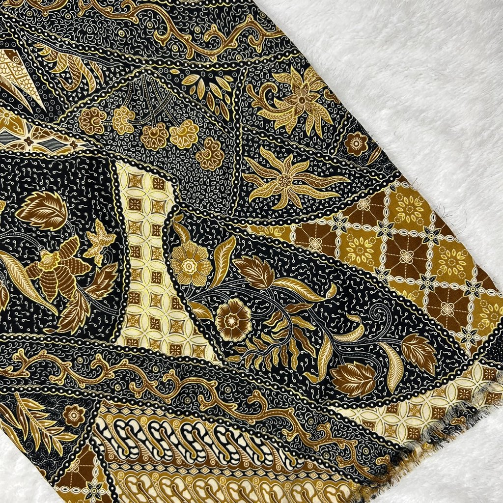 Kain Batik Prada Halus Premium Motif Parang Kawung Flora Geometris Warna Emas Gold Hitam Abu