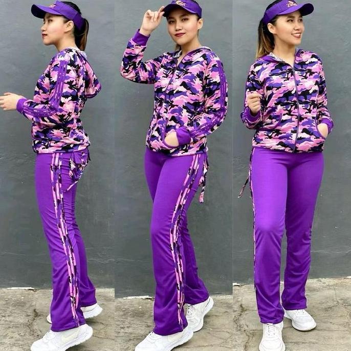 Setelan Baju Senam motif Baju Gym Fitness Baju Olahraga Panjang Muslim Setelan Army ungu