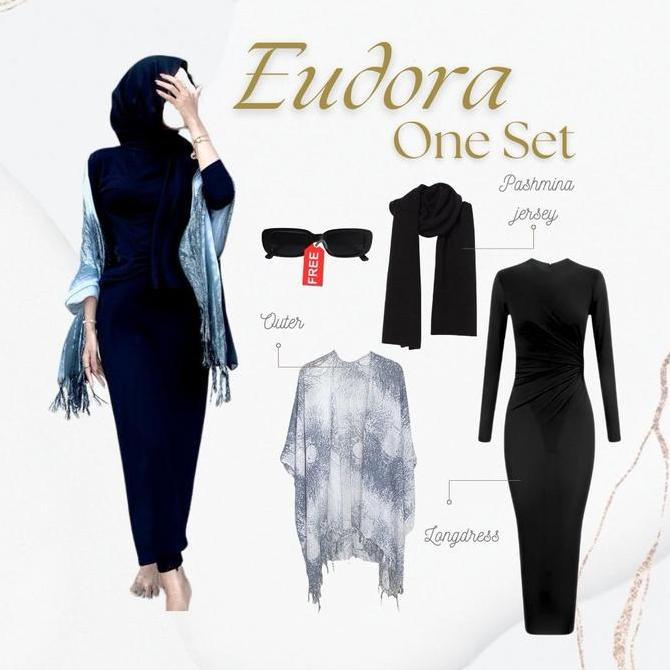 Outfit 3in1 Pantai | longdress Hitam Outer Akar Putih Pashmina Kacamata | Kekinian Hijab OOTD OJ36 G