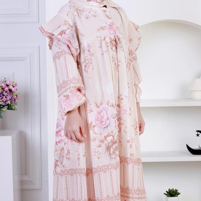 Dungdungkids Gamis Anak Vanesha Ceruty Motif Bunga Plisket Free Jilbab Segi Empat 5 - 11 Tahun