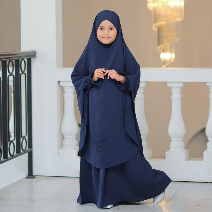 Malano Style - Gamis Muslim Anak 3-14 Tahun Khimar Instan Nabila Set Navy Airflow Baju Crinkle Panja