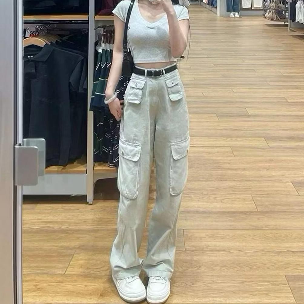 OFFICIAL CELANA CARGO PANJANG WANITA HIGHWAIST - CARGO DENIM PASIR PUTIH KREM CARGO LULU