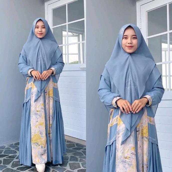 Gamis Syari Motif Printing Bahan Ceruty Babydoll Gamis Set Khimar Terbaru Muslim Navy Bunga Layer