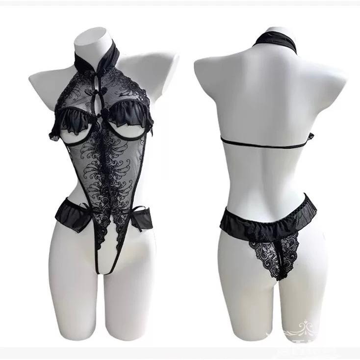 Bodysuit Open Crotch Wanita Renda Transparan 570