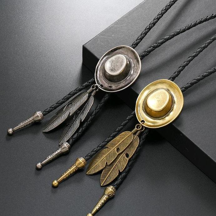 Bolo Tie Dasi Koboi Feather Hat Kalung Kulit Asli Cowboy Topi dan Bulu Men Vintage
