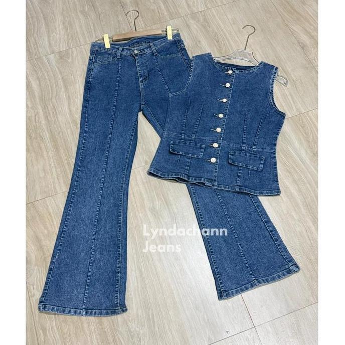 Ginfinik- Lyndachann - Oneset Jeans Premium Model Atasan Vest Celana Cutbray Wanita