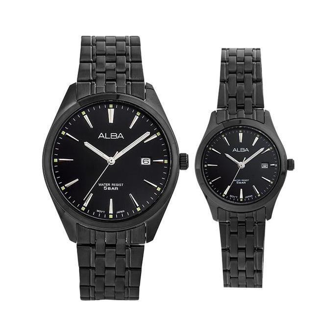 Jam Tangan Couple Alba AH7BP3X1_AS9R09X1 Couple Black Dial Black Stainless Steel Strap