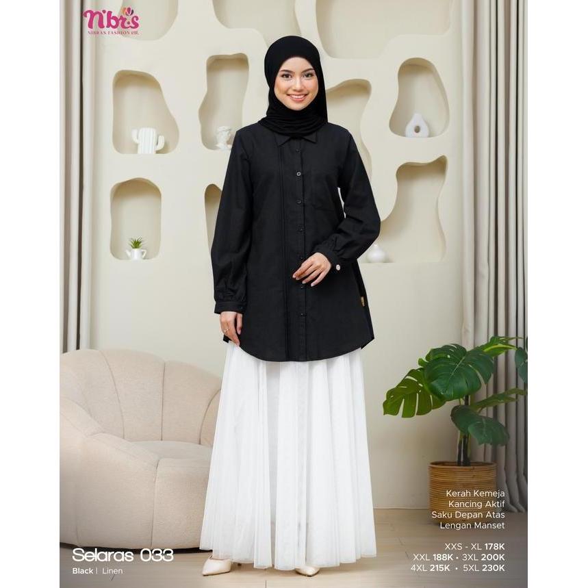 Nibras Selaras 033 Atasan Muslim Nibras Atasan Bahan Linen Atasan Hitam Atasan Wanita Atasan Putih C