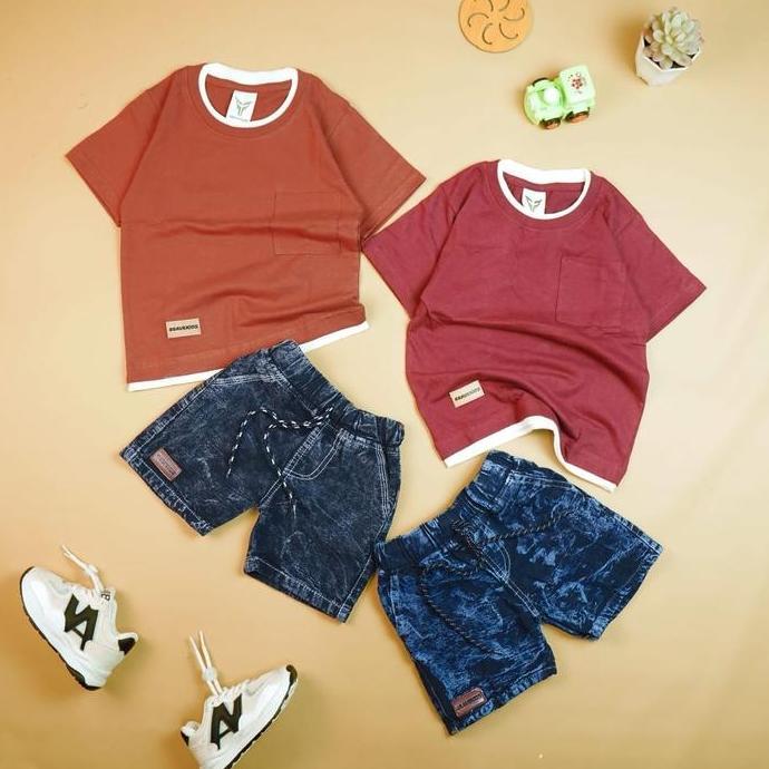 BRAVEKIDS - SETELAN KAOS POCKET TWO LAYER POLOS ANAK COTTON COMBED 24S CELANA DENIM Fashion