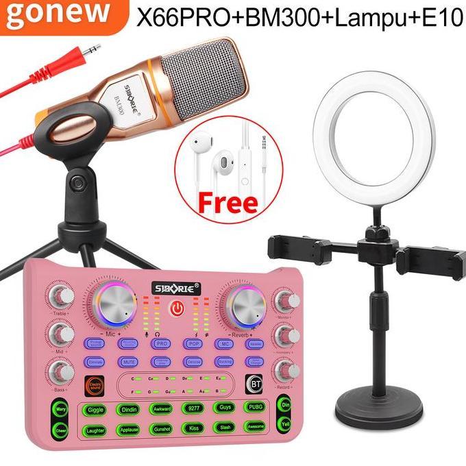 DV278 >> Gonew X66PRO+SF666/MS38/BM300+E10+Lampu SET Soundcard Microphone Headset Light SET Satu set