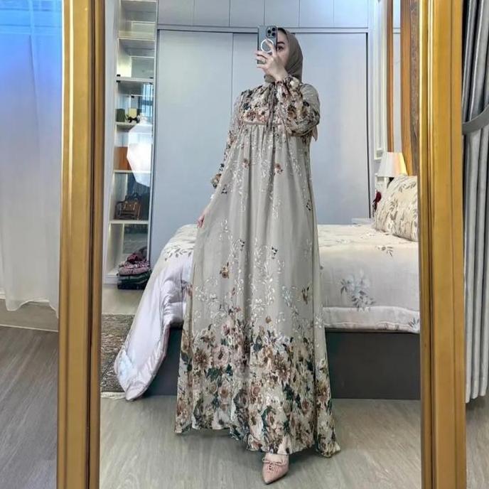 Amel - Gamis Azura Dress Ceruty Printing Motif Set Hijab Segi Empat Depan Resleting