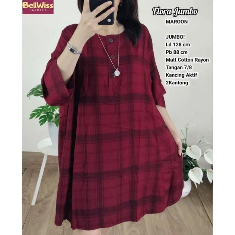 STEVIA FLORA TUNIK JUMBO OVERSIZE (L.D128)ATASAN BLUS BUSUI RAYON IMPORT MOTIF GARIS KOTAK WANITA DE