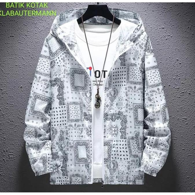 JAKET ZIPPER HOODIE GAYA KOREAN MOTIF BATIK KOTAK / JAKET FLEECE OUTWEAR PRIA WANITA HM