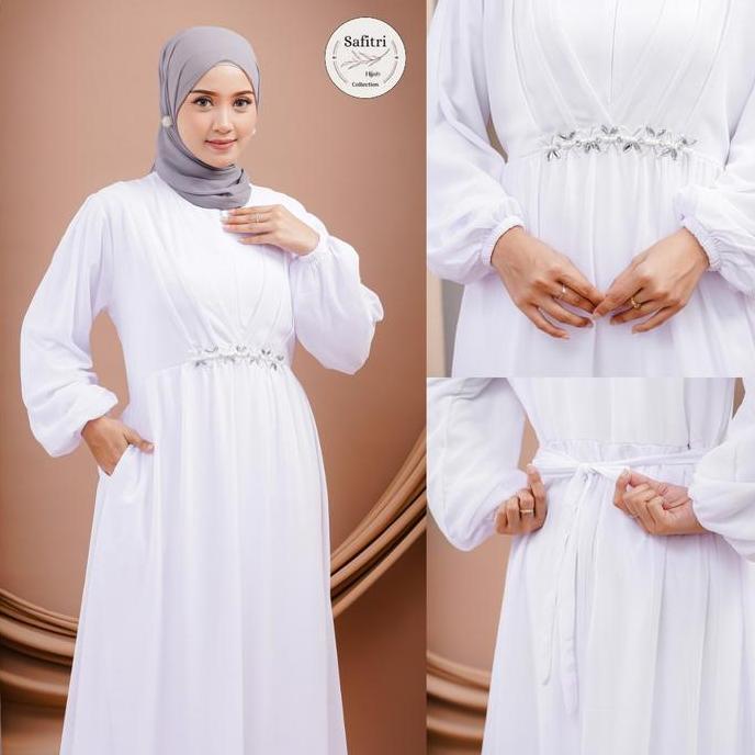 SHAZA DRESS # 1 bahan Ceruty Babydoll kombinasi Manik-manik/Payet by Safitri Fashion | Gamis Putih H