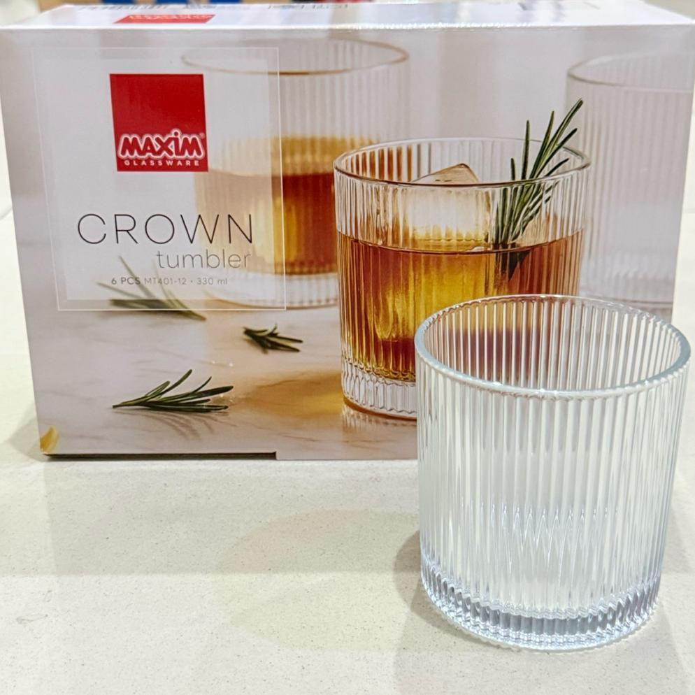 Satu Set Gelas Kaca Garis Cantik Mewah Crown Maxim isi 6 330ml