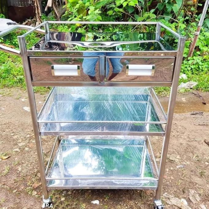 troli instrumen 3 susun 2 laci stainless / meja instrumen stainless / Trolley instrumen / Trolley st
