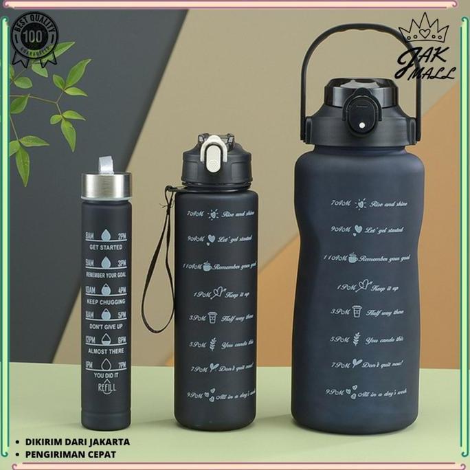 Langsungbisa- Botol Minum 1 Set Viral 2Liter + 900Ml + 350Ml (Include Stiker 2D 3D) Jm Hitam Plastik