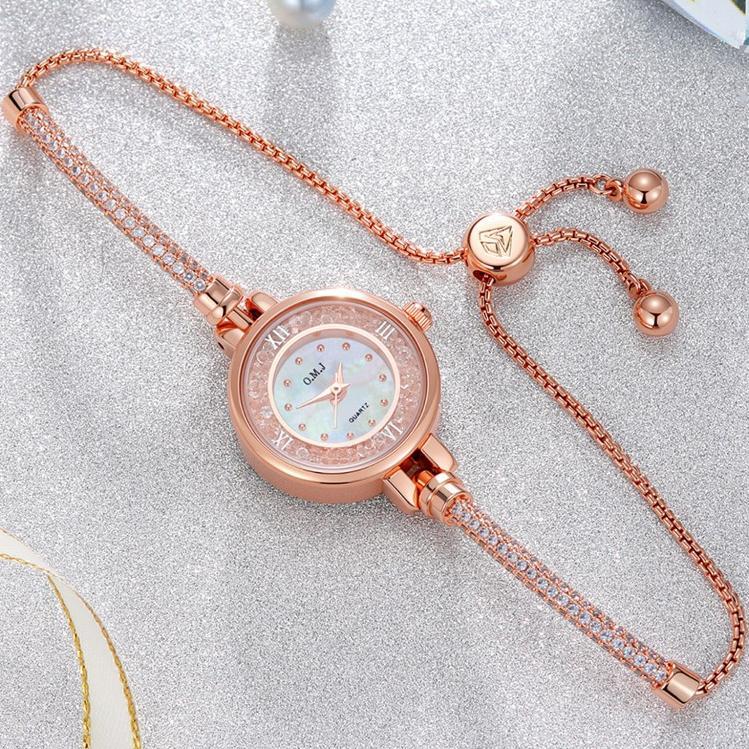 PROMO TERBARU OMJ G037 Jam Tangan Serut Wanita Berlian Rose Gold Gelang Strap Dapat Disesuaikan Send