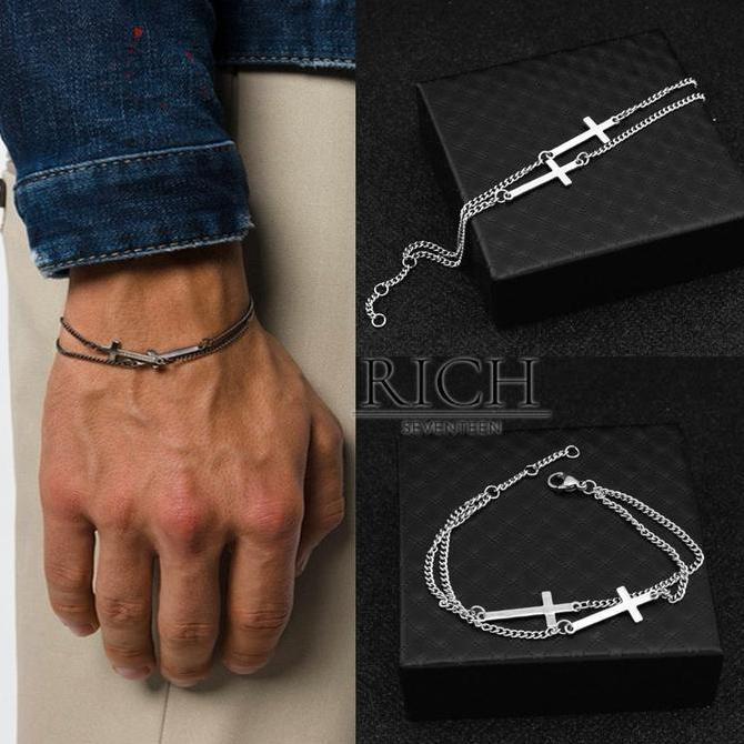 Gelang Titanium Pria Wanita Korea BTS J-Hope Desain Salib G04