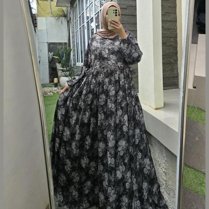 Zeba | Lestari Viscouse Discharge Gamis Jumbo LD140 LD150 Dress Lebaran Adem Mewah Motif Bunga Kecil