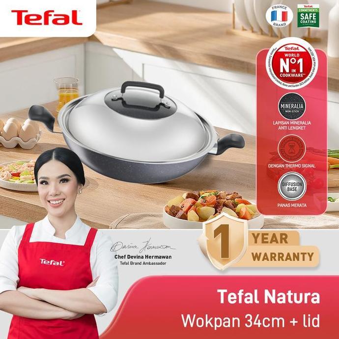 Tefal Wajan Kuali Penggorengan Anti Lengket Natura Wokpan 34cm + Tutup
