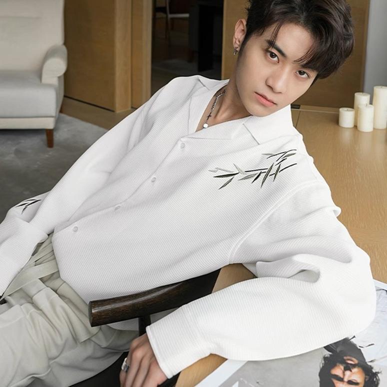 best sale kemeja korean style pria kemeja kasual pria baju kemeja cowok v neck kemeja lengan panjang