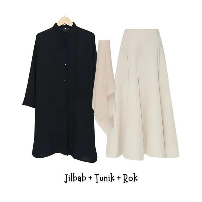 One set 3in1 kemeja tunik hitam rok payung panjang jilbab bella | ootd outfit setelan oneset wanita 