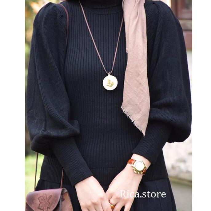 BLOUSE WANITA KNIT AQILA lengan balon bahu rempel Knitwear Baju Atasan