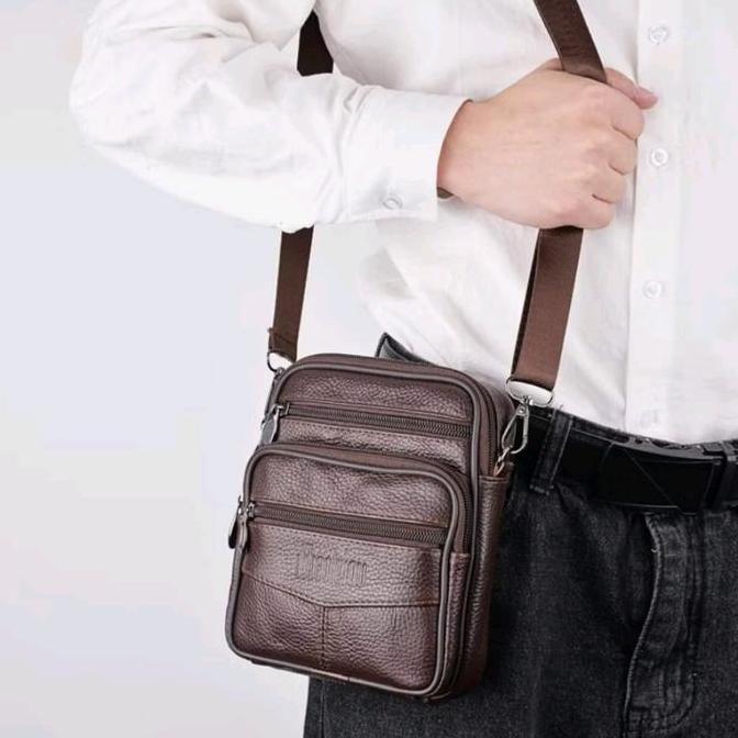 DF52 - [100% KULIT SAPI ASLI] Tas selempang kulit asli pria wanita import tas pinggang mini multifun