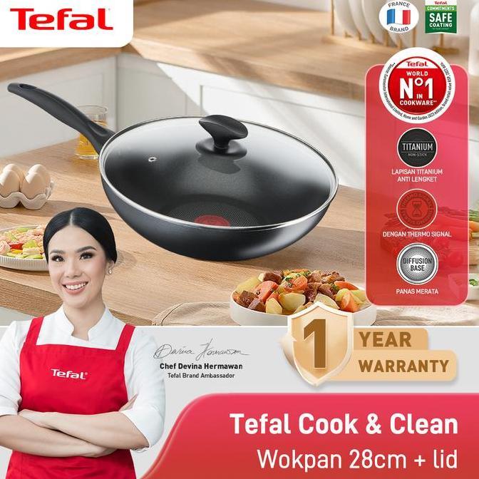 Tefal Wajan Penggorengan Anti Lengket Cook & Clean Wokpan 28cm + Tutup